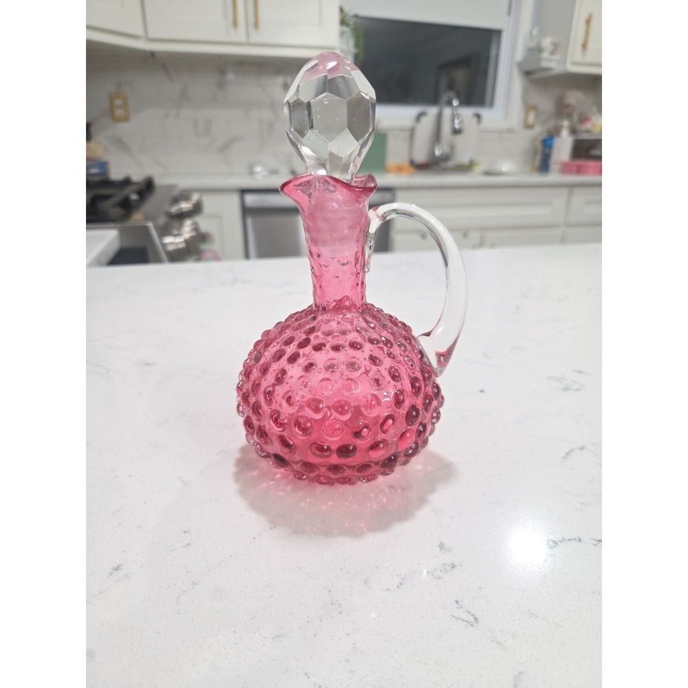 Vintage Fenton Cranberry Hobnail Pink Art Glass 6" Tall Cruet Perfume Bottle
